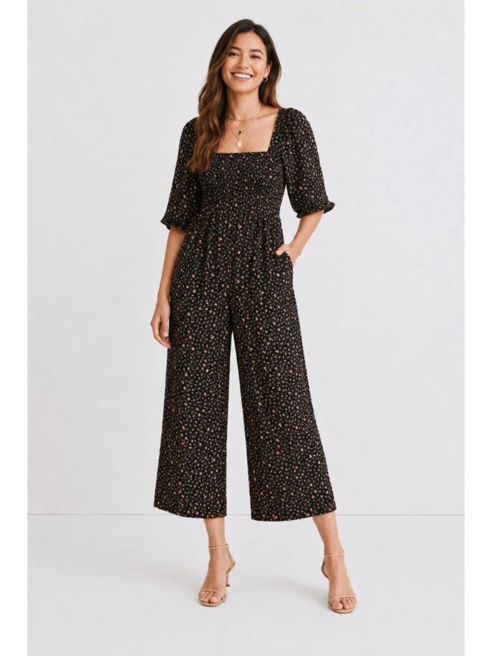 Madewell Lucie Elbow-Sleeve Smocked Wide-Leg Floral Jumpsuit Black Size 10